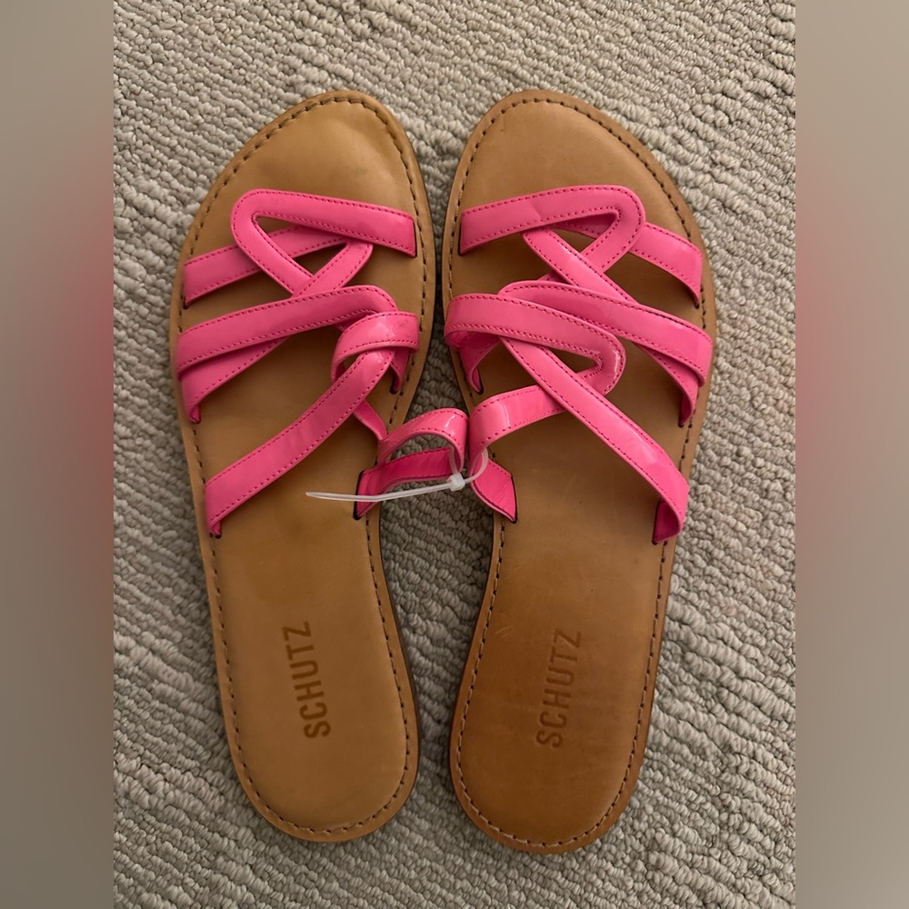 SCHUTZ Pink Strappy Leather Slide Sandals